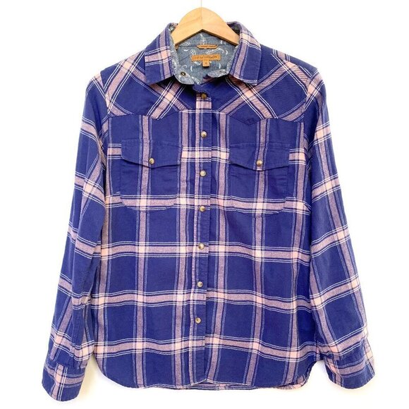 Jachs Girlfriend Womens Purple Plaid Flannel Shirt Pearl Snap Buttons Tab Sleeve - Picture 1 of 12